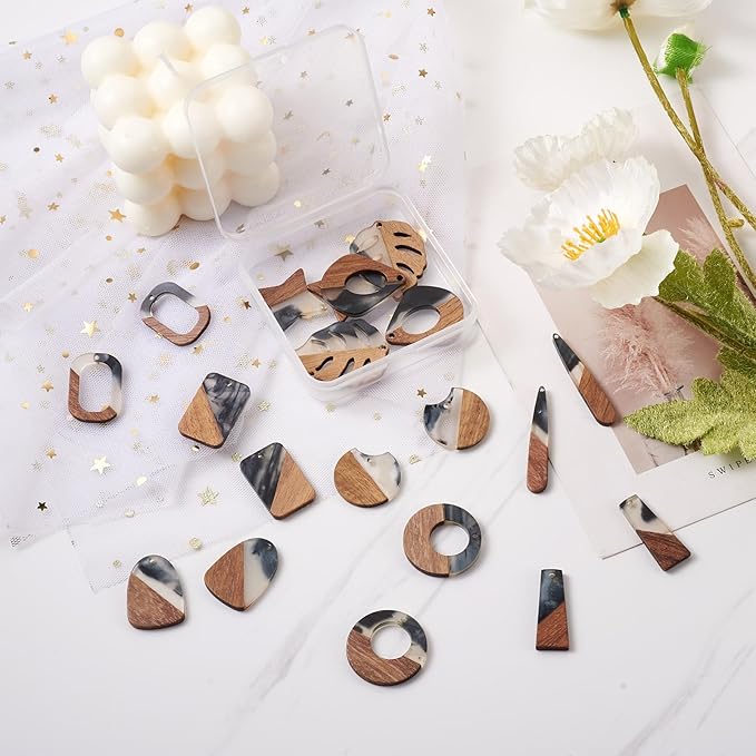 Beadthoven 20pcs/10 Pairs Ink Pattern Resin Wood Charms DIY Bohemian Earrings Black Clear Resin Wood Pendants Natural Wooden Pieces Tag Assorted Pendants for Fashion Jewelry Making Necklace Keychain