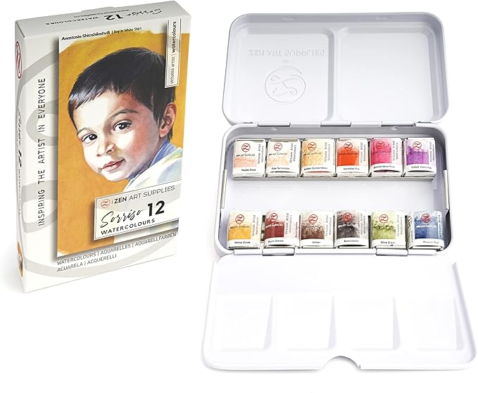 ZenArt Supplies Professional Watercolour Paint Set Sorriso - Non-Toxic 12 Half-Pan in Metal Tin Palette Portable Travel for Adults Water Color Portrait, Figurative & Animal Art by