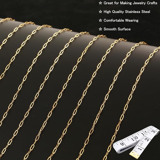 16Ft Stainless Steel Paperclip Chain for Jewelry Making, 2.5mm Width Gold Plated Paper Clip Link Chains Roll for DIY Necklace Bracelet Jewelry Making Supplies with Lobster Clasps Soft Tape Measure
