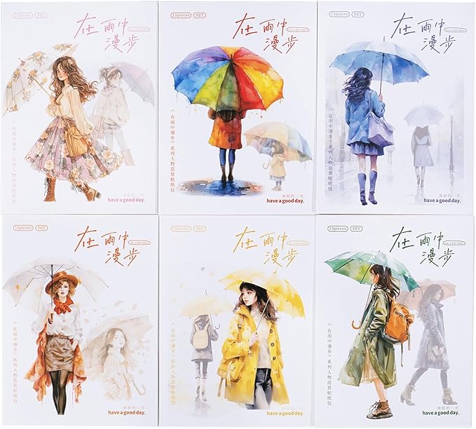 TIAMECH Walk in Rain PET Stickers - 90 Pcs Rainy Girl & Raincoat Umbrella Design, Waterproof Sticker for Journaling & Scrapbooking, Junk Journal Supplies, Ephemera & DIY Crafts