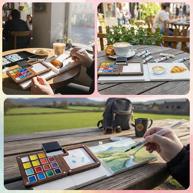 Mini Watercolor Paint Set - Mini Travel Watercolor Palette Set, Pocket Water Color Paint Palette Kit with 18 Colours, Sketchbook, Pens, Wooden Paints Box for Painters Artists
