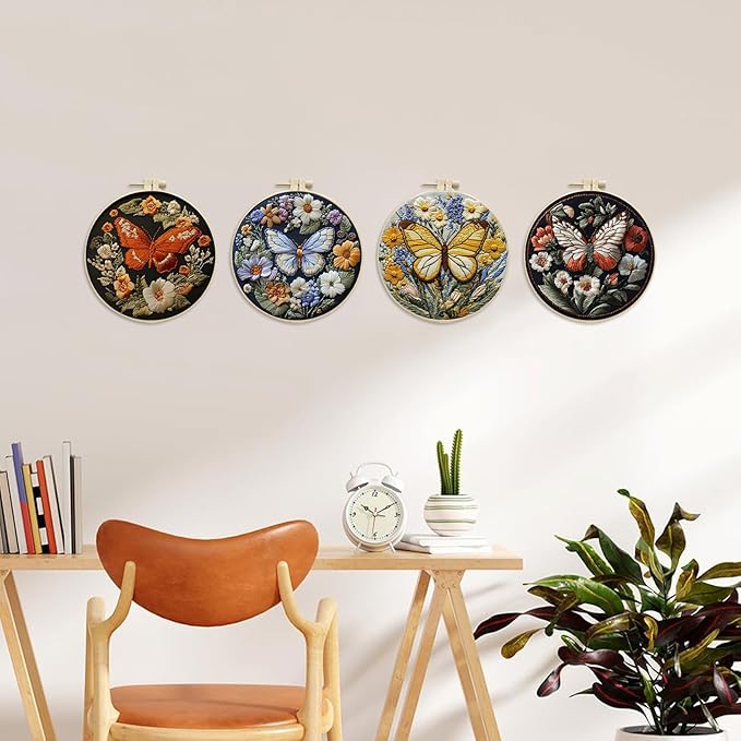 LB 4 Pack Colorful Butterfly Embroidery Kit for Beginners Nature Flower Beginner Embroidery Kit for Adults DIY Starter Kit with Embroidery Hoop Colorful Threads Tools Step by Step Instructions