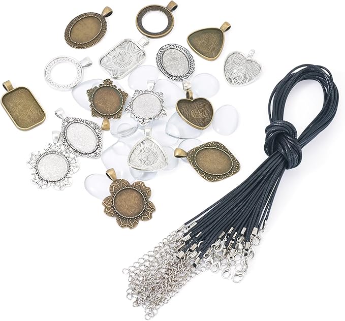 Bestewelry Pendant Trays Kit Vintage Alloy Bezel Pendant Trays Charms Set with Glass Cabochon and Adjustable Necklace Cords for DIY Crafts Jewelry Making Resin Art Party Favor