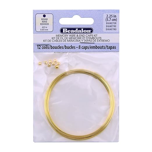 Beadalon Carbon Steel Memory Wire Kit, Round, Gold Color Large Bracelet, Approx. 12 coils, Gold Color 3 mm Memory Wire End Caps, 8 pc