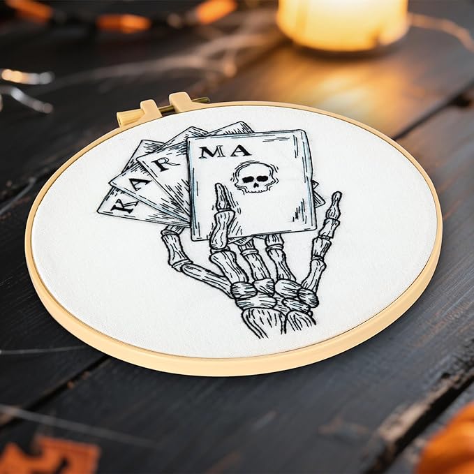 Gothic Tarot Embroidery Kits for Beginners Adults, Halloween Hand Bone Embroidery Starter Kits, Skull Cross Stitch Kits for Beginner Adults Hobbies for Women, Embroidery Fabric, Hoops & Video Tutorial