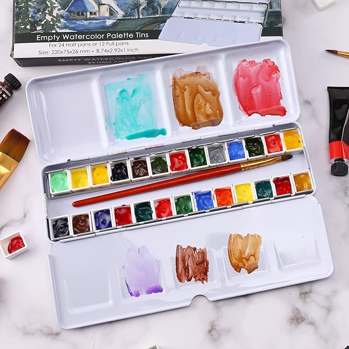 LOONENG Empty Watercolor Palette, Empty Watercolor Tin with Fold Out Palette, Medium Colorful Watercolor Tray Palette with 26 Empty Half Pans for Plein Air Painting and Sketching