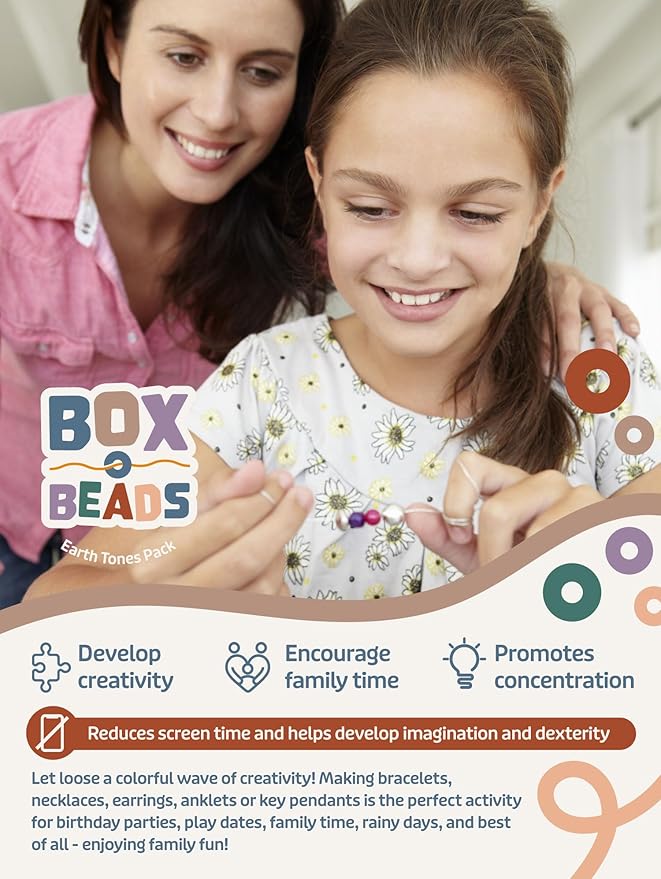 Box-O-Beads Earth Tones Clay Beads Bracelet Making Kit with 8,550 Pieces - Friendship Bracelet Kit with 36 Earth Tone Colors and Charms - DIY Jewelry for Girls and Adults