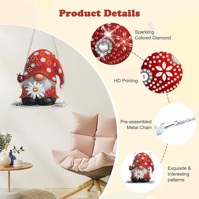 HEIBAGO Gnome Diamond Art Hanging Kits for Adults, Diamond Art Suncatchers, 5D Special Shape Diamond Painting Pendant, DIY Window Ornament Gifts for Home Garden Door Wall Decor 8.3 x 8.3 Inch