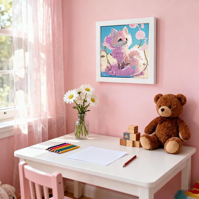 PERFECTSIGHT Cute 5D Diamond Art Kits with Wooden Frame, Kawaii DIY Painting Art for Adults, Diamond Arts and Crafts Sets, Big Gem Full Drill Diamond Dots for Women Beginners (Fox)