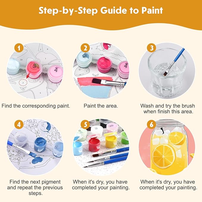 NEWENMO 4 Pack Paint by Numbers for Adults with Wooden Framed, Cocktail Kitchen, Paint by Number Kits on Canvas for Beginner, DIY Acrylic Oil Painting Kits for Home Decor 8x10 inch, Fruit Drink