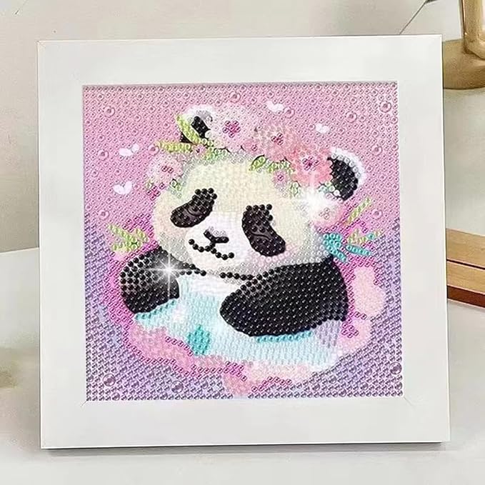 PERFECTSIGHT Cute 5D Diamond Art Kits with Wooden Frame, Kawaii DIY Painting Art for Adults, Diamond Arts and Crafts Sets, Big Gem Full Drill Diamond Dots for Women Beginners (Panda)