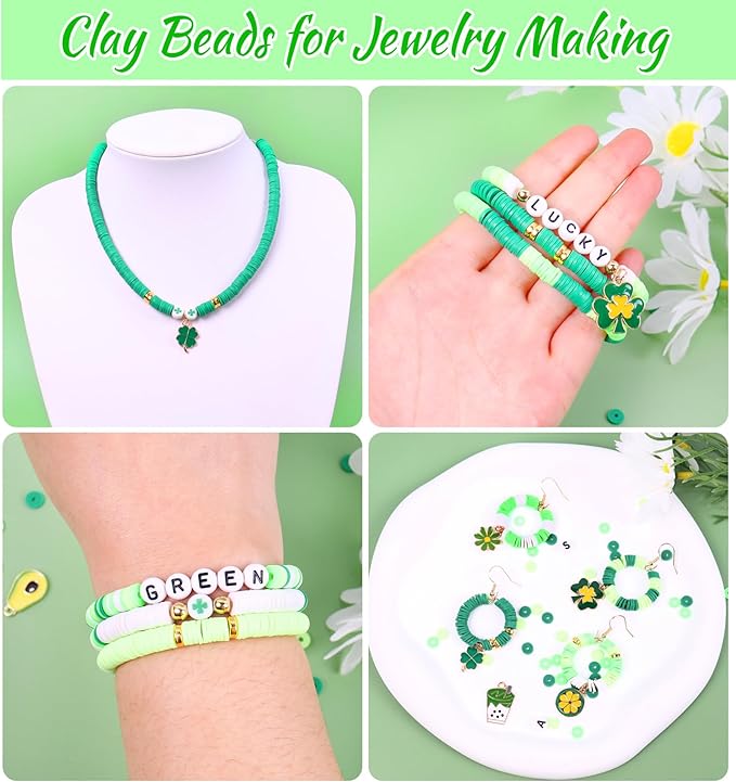 Wuollgess 3500 PCS Green Clay Beads for Bracelet Making Kit, Polymer Heishi Beads for Jewelry Making, Friendship Bracelet Kit for Adults, Spacer Letter Beads for Necklace Earring DIY