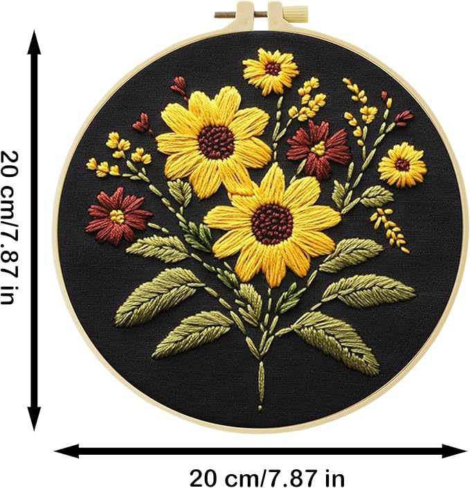 57lilina embroidery kit for beginners, pack of 3 with hoops, threads, needles - starter cross stitch supplies for adults, gift for relaxation craft lovers, flower theme