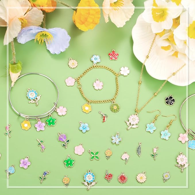 Mckanti 150Pcs 75 Pairs Spring Flower Charms for Jewelry Making and Bracelets, Wholesale Floral Assorted Enamel Mixed Bulk Metal Charms for DIY Necklace Bracelet Earring Jewelry Making and Crafting
