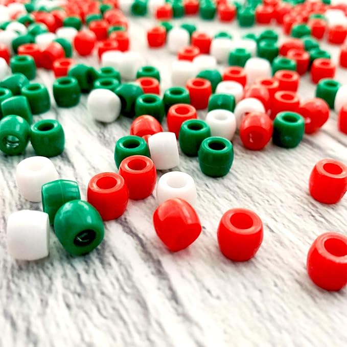 llxieym 1200 pieces plastic round christmas pony beads craft beads for diy craft making with elastic string (red, green, white)