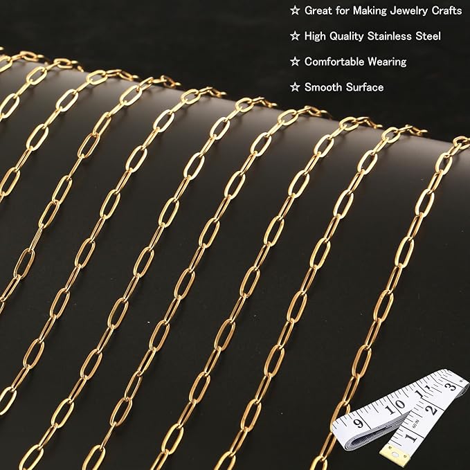 16 Ft Stainless Steel Paperclip Chain for Jewelry Making, 4.5mm Width Gold Plated Paper Clip Link Chains Roll for DIY Necklace Bracelet Jewelry Making Supplies with Lobster Clasps Soft Tape Measure