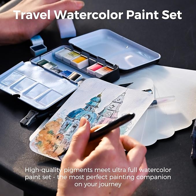 Funto Travel Watercolor Set, 12-Color Paint, 10 Premium Postcards, Brush, Brush Pen, Fineliner, Pencil, Painting Set for Adults, Beginner, and Artists