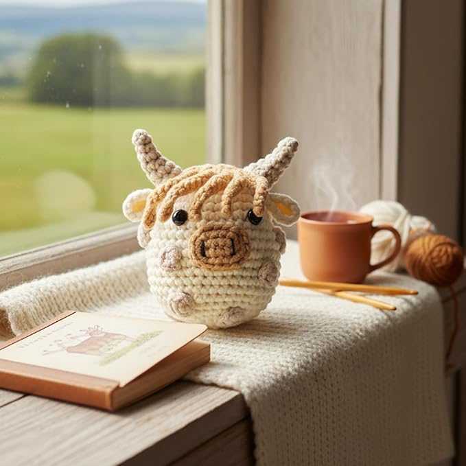 CrochetBox Crochet Kit for Beginners Adults - Polka Dot Highland Cow Starters Crochet Kit, Crocheting Kitting for Adults Teen, Craft Gifts with Crochets Yarns, Hook, Step-by-Step Video, Instruction