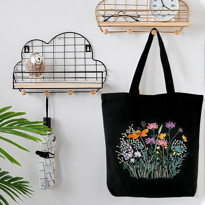 Canvas Tote Bag Embroidery Kit with Pattern, Beginner Embroidery Kits for Adults, Arts and DIY Crafts Embroidery Starter kit, Include Stamped Embroidery Bag, Embroidery Hoops, Color Threads and Tool.