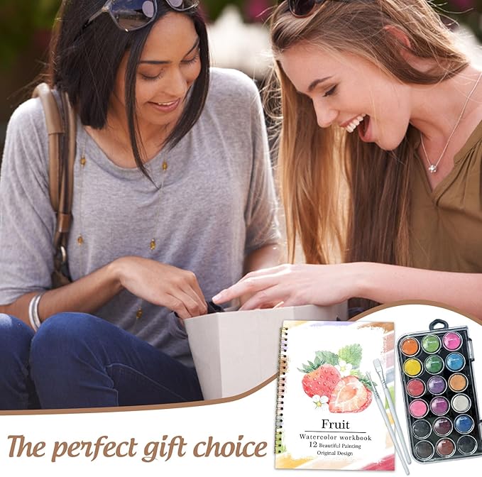 Watercolor Workbook, Water Coloring Book, 12 Different Patterns of Original DIY Designs, 18 Colors Watercolor Paint Set, Beginner-Friendly Watercolor Workbooks (Fruits), Perfect Gifts for Adults
