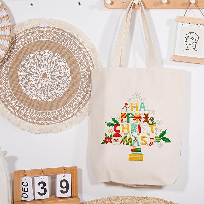 Canvas Tote Bag Embroidery Kit with Pattern for Beginners, Arts and DIY Embroidery Crafts Kits for Adults, Instructions, Thimble, Embroidery Hoops, Color Threads (Beige, CR002 Christmas Tree)