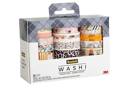 Scotch Washi Tape, Whimsical Design, 15 Rolls, Great for Bullet Journaling, Scrapbooking and DIY Décor (C1017-15-P5)