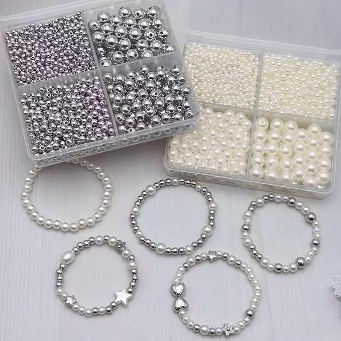 3360pcs Silver Round Beads & Pearl Beads 3/4/6/8mm 4 Size Smooth Ball Bead for Jewelry Making Metal Circle Bead for Bracelet Necklace Earring Making Supply