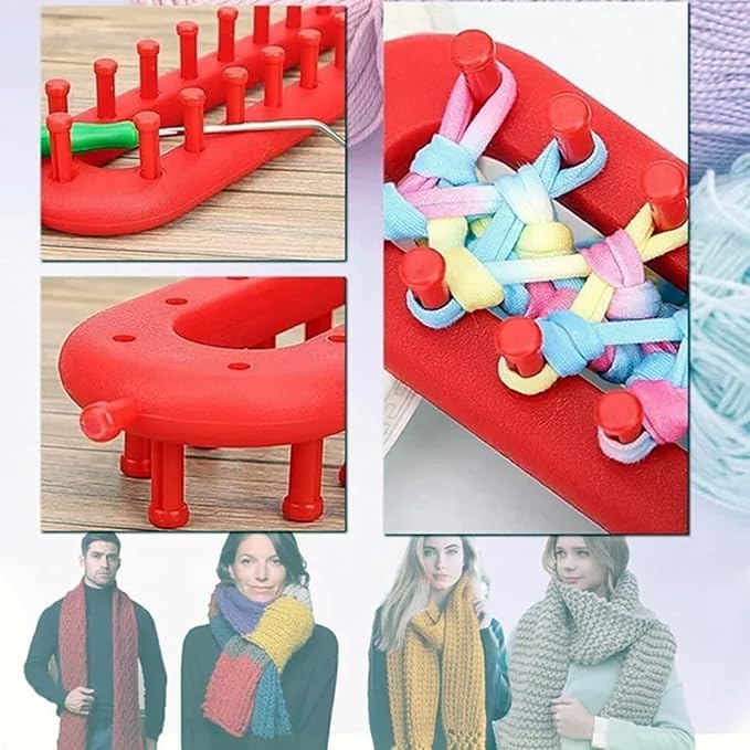 Rectangle Knitting Looms,Plastic Weaving Looms Set,Weaving Loom,Scarf Hats Making Tools,DIY Crocheting Handmade Craft Kit with a Crochet Hook and Needle for Knitting Lovers,26 cm (Red)