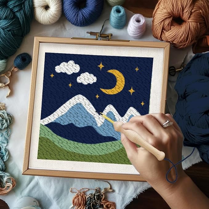 BEUNITONE 2 Sets Camping Punch Needle Kit for Beginners Scenery Theme Punch Embroidery Kits with Frame Instructions Embroidery Starter Kits with Art Night Pattern for Wall Painting 9.4'' x 9.4''