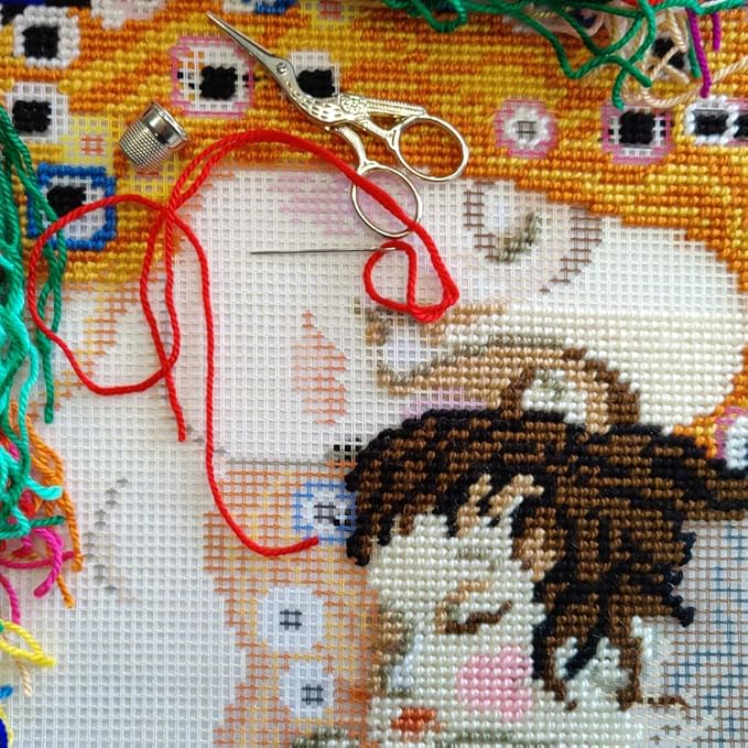 Brvsk Stamped Cross-Stitch Kit for Adults and Beginners — The Three Ages of Woman by Gustav Klimt 16″ × 16″ with Clear, Precise Printed Design on Cotton Canvas; Includes Needles and Yarn