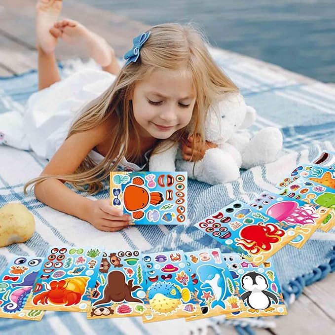 24 sheets ocean animal stickers for kids, make a face sticker, make your own sea animal stickers for kids activities supplies crafts, ocean sea party favors