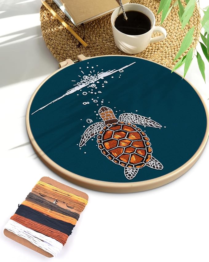 TINDTOP Embroidery Kit for Beginners Adult, Turtle Embroidery Practice Kit for Beginners Include Embroidery Cloth Hoops Threads for Craft Lover Hand Stitch with Embroidery Skill Techniques