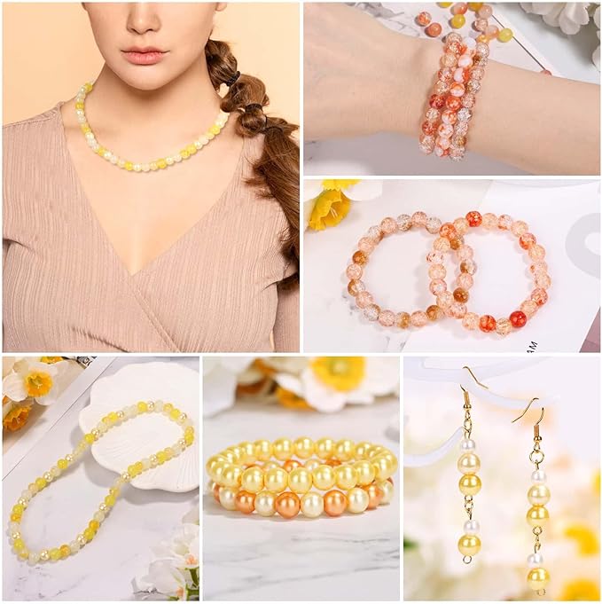 PAXCOO 720pcs 8mm Glass Beads for Jewelry - 24 Color Loose Beads for Bracelets, Earrings, Necklaces - Jewelry Making Supplies, Orange and Yellow