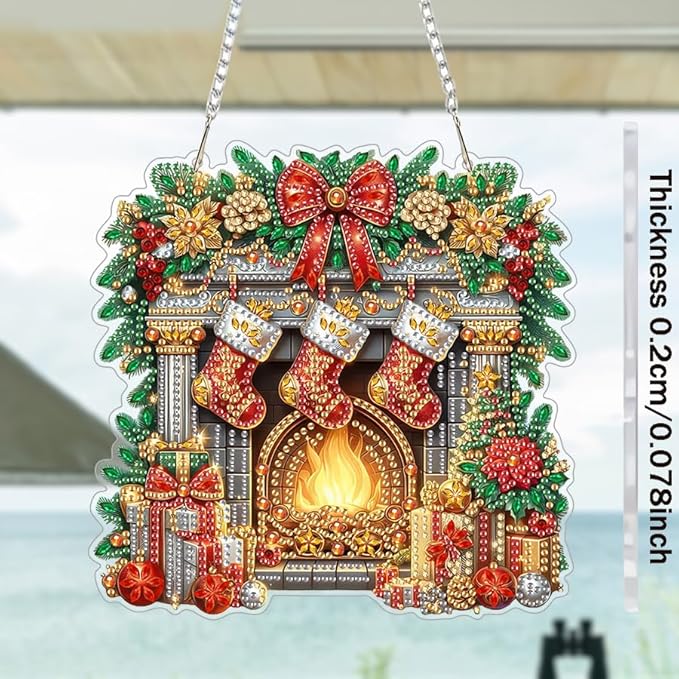 EIBEILI Diamond Art Painting Kits Special Shaped Rhinestone 5D Diamond Art Window Pendants Home Garden Wall Hanging Kits Hanging Ornament,Double Sided(Christmas Fireplace )