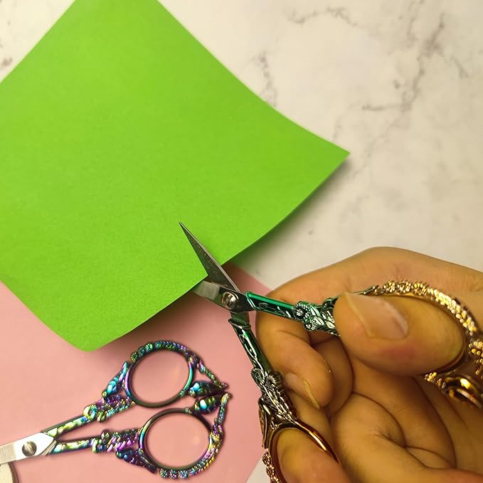 Crochet Scissors with Cover 2 Pack – Vintage Small Embroidery Scissors Set, Sharp Craft Scissors for Yarn Thread Sewing Needlework, Rainbow & Green Bronze Bird Gift for Crocheter, 4.6 Inch