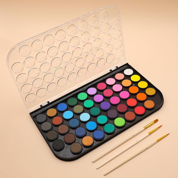 Artecho 48 Colors Watercolor Cake Set with 3 Brushes, Washable, Travel Design, Perfect for Card Making, Illustrations, Painting, Calligraphy