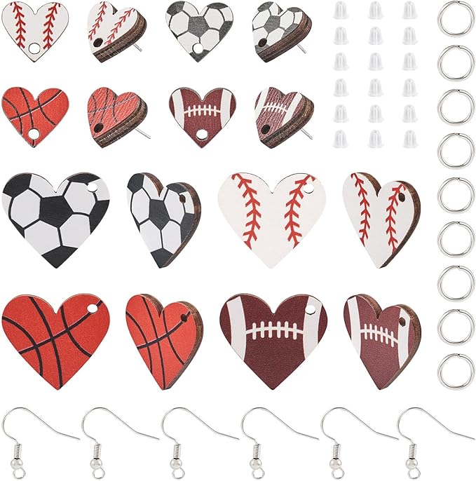 Beadthoven Wood Earrings Making Kit Sports Love Heart Shape Wood Pendants with Stud Earrings Printed Sport Ball Dangle Earring Charms Earring Hooks Jump Rings Ear Nuts for Jewelry Making Sport Lover