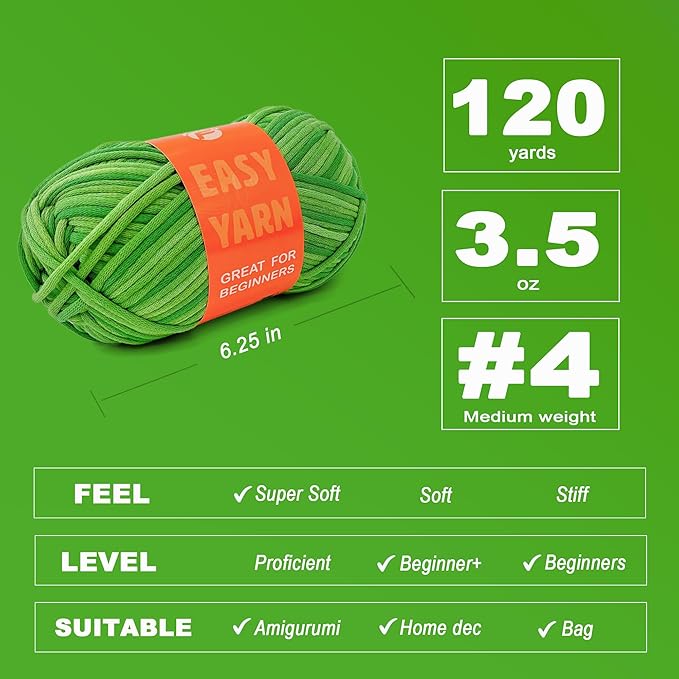 3.5Oz Beginner-Friendly Yarn for Crocheting and Knitting;Worsted-Weight Medium #4;Cotton Blend Yarn for Beginners with Easy-to-See Sitches,Great for Amigurumi DIY (Lawn Green,1 Skein)