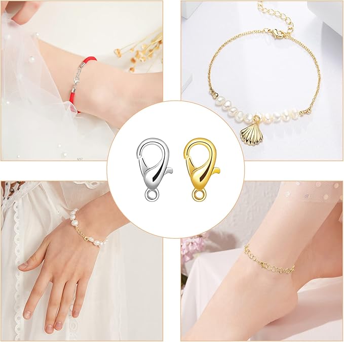 400PCS Jewelry Clasps with Open Jump Rings, Lobster Claw Clasps Silver & Gold Bracelet Necklace Clasps for DIY Jewelry Making, 12mmX7mm