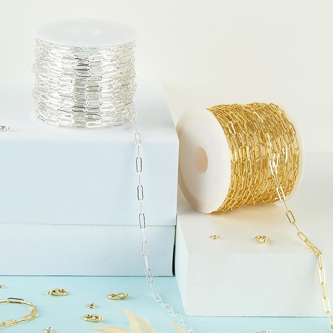Kyutong 2 Rolls Paperclip Chain for Jewelry Making 32.8 Feet Jewelry Chain Links Silver and Gold Chains Bulk with Lobster Clasps and Jump Rings for DIY Craft Finding Jewelry Making Supplies