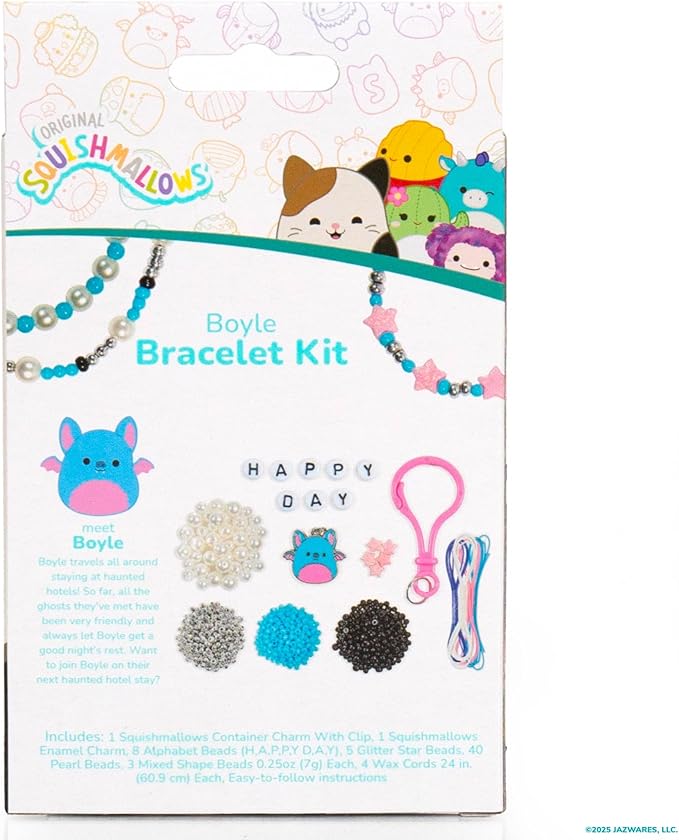 Original Squishmallows Boyle The Bat Bracelet Kit, Makes 3 Accessories, Fun Beads and Charms, Bonus Keychain, Friendship Jewelry Making Set, Gifts for Girls, Craft Kits, Arts and Crafts for Kids