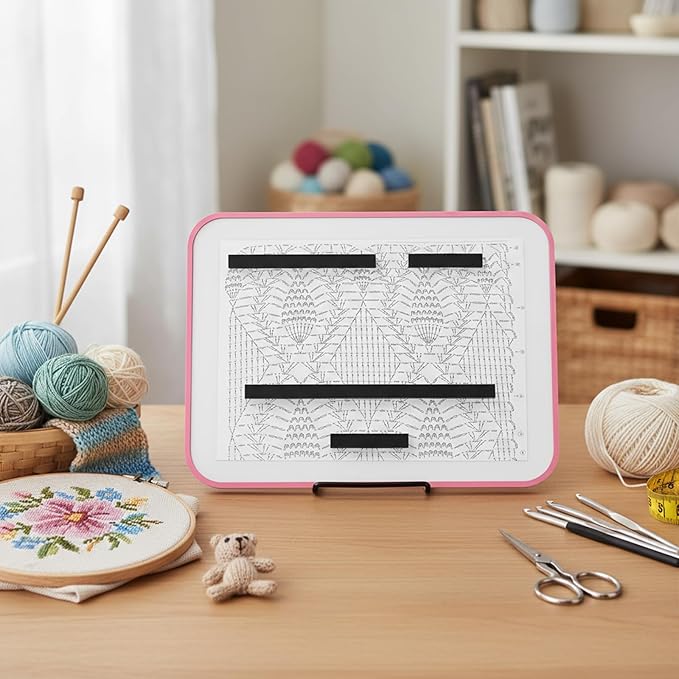 flutesan 8 x 12 inches knitting pattern holder with 4 replacement magnets knitting chart keeper cross stitch magnetic board cross stitch accessories and supplies for crochet(pink border)