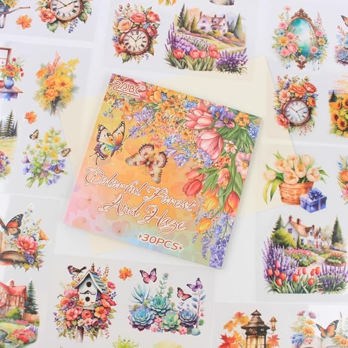 30 Sheets Precut Colorful Garden Landscape Stickers Book for Junk Journal Supplies, Transparent PET Stickers for Journaling, Scrapbooking, Bujo, Collage, Card Making