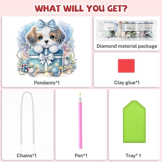 Bowetile Christmas Diamond Art Hanging Kits for Adults, Diamond Art Suncatchers Dog, 5D Special Shape Diamond Painting Pendant Window Ornament Christmas Gifts for Home Door Wall Decor