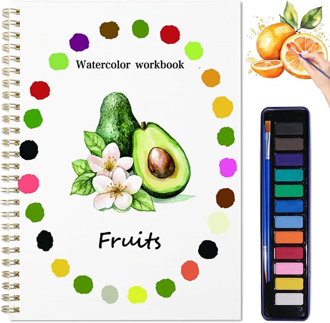 Watercolor Workbook for Adults - Watercolor Sketchbook with 12 Beginner-Friendly Sketched Illustrations, Lay-Flat Spiral Pages, 120lb Premium Watercolor Paper (Fruit)