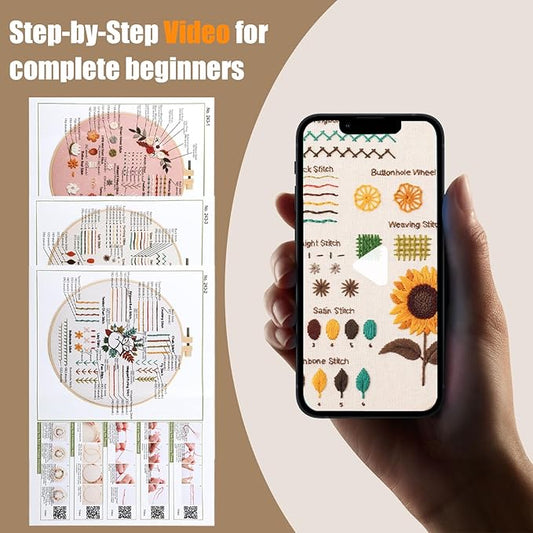 hi-yomilaugh 3 pack beginner embroidery kit & cross stitch kits for adults, needles & tools, easy needlepoint set with step-by-step instructions & video tutorial (floral garden)