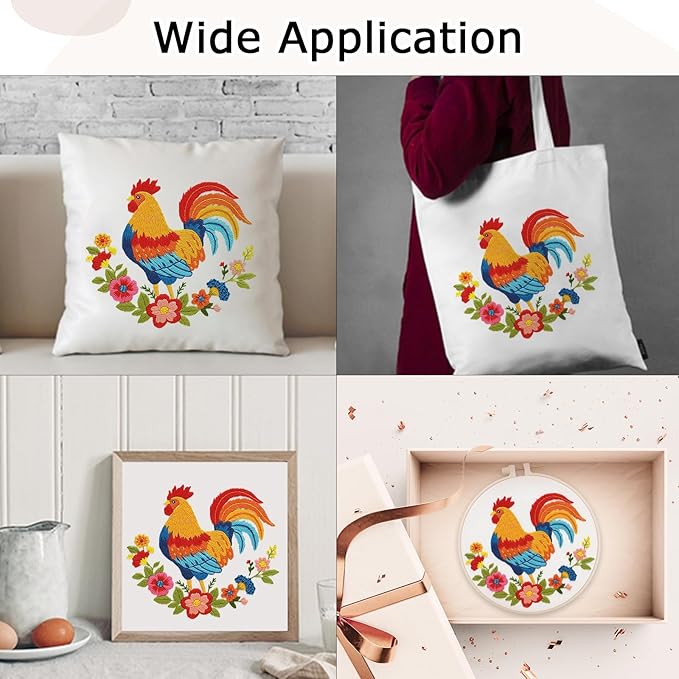 Nuberlic Animal Embroidery Kits for Beginners, Cross Stitch Kits with Rooster and Flower Pattern - Complete Starter Set with Hoop, Pre-Printed Fabric, Threads & Needles