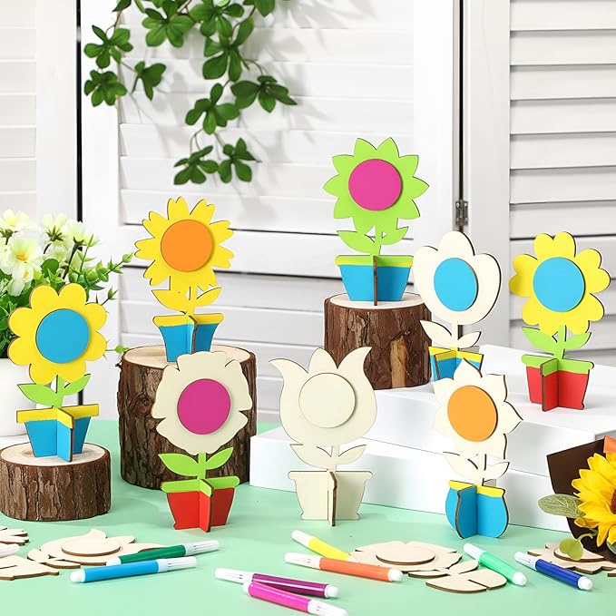 MotiMind 60 Pcs Spring Crafts Set 48 Pcs 3D Wooden Flower Cutouts Unfinished Tulip Slices Wood Daisy to Paint with 12 Colored Pens for Mother's Day Summer Floral Handmade Craft DIY Project