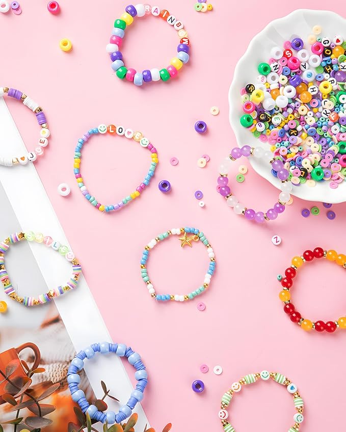 Taybonds Beaded Jewelry Assembly Set – 24 Color Polymer Clay, Glass & Letter Beads with Gold Spacer Components, Aesthetic Jewelry Materials for Bracelets, Necklaces & Accessories