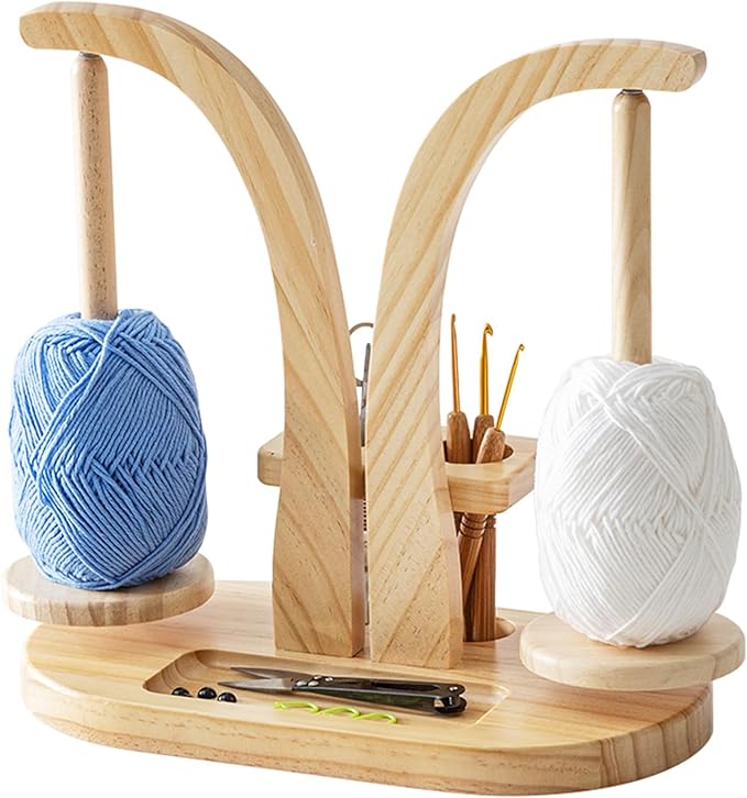 Baffect Yarn Holder Magnetic, Yarn Ball Holder Wooden, Yarn Spindle with Double Spindles, Spinning Yarn Holder for Crochet Lovers (Natural)